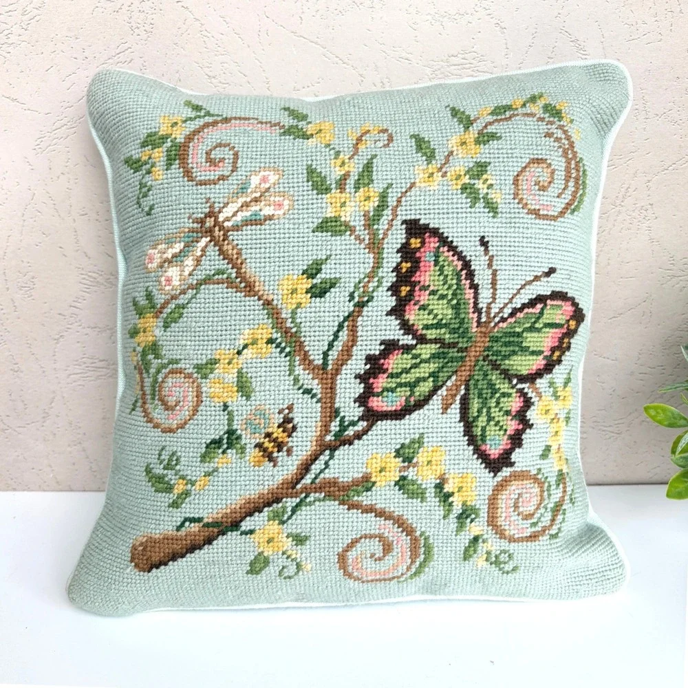 Vintage Needlepoint Butterfly Dragonfly Bee Sage Green Wool Accent Pillow 12x12